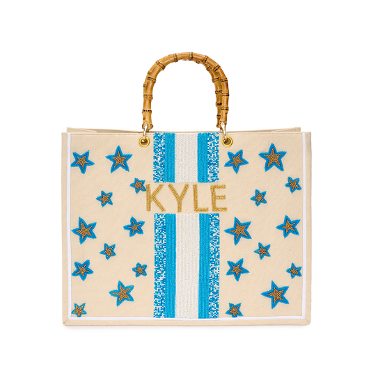 The Juliana Starry Blue beaded tote with bamboo handles