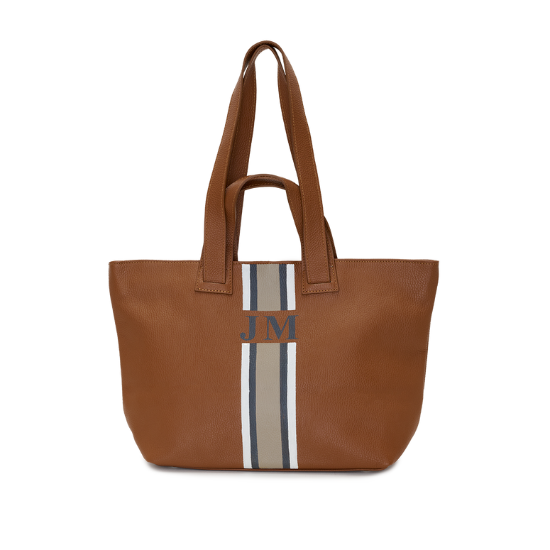 Tan Leather Double Handled Tote with Classic stripes