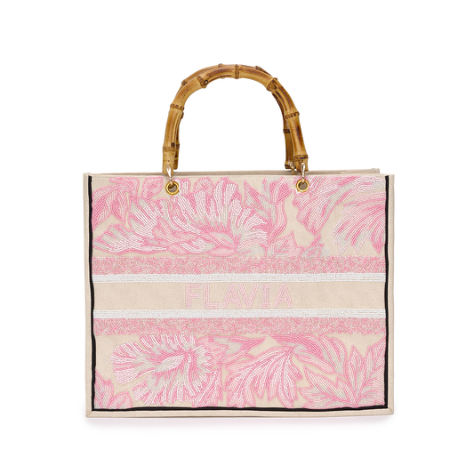 The Juliana Tropical Pink Beaded Tote with bamboo handles