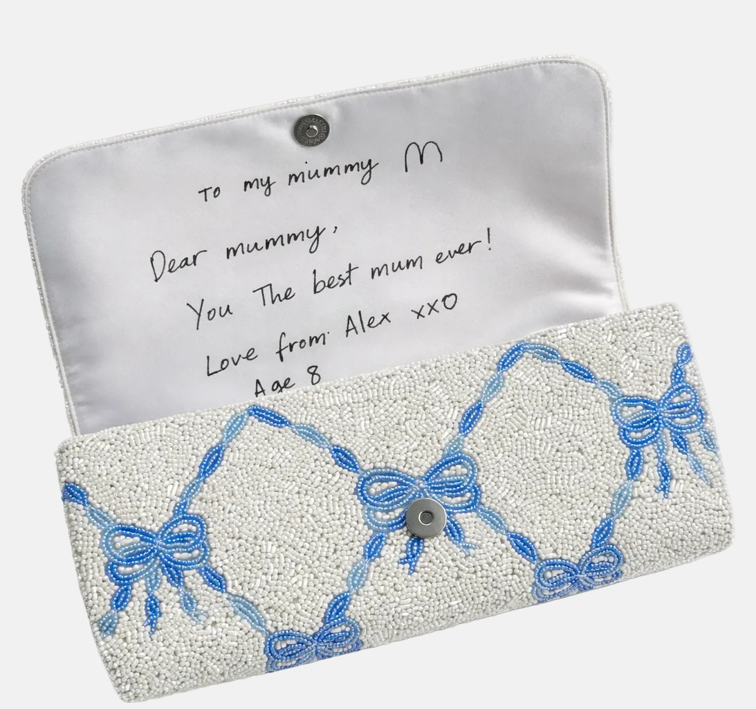 The Beaded Bow Clutch with Note - Blue