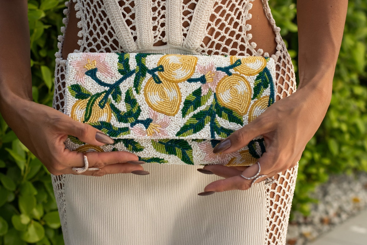 Beaded summer chain clutch bag with lemon color