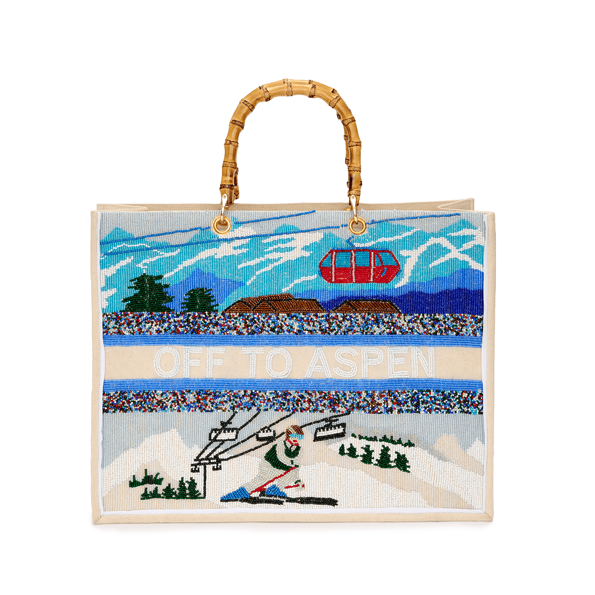 Beaded tote bag with bamboo handle and ski resort-inspired design