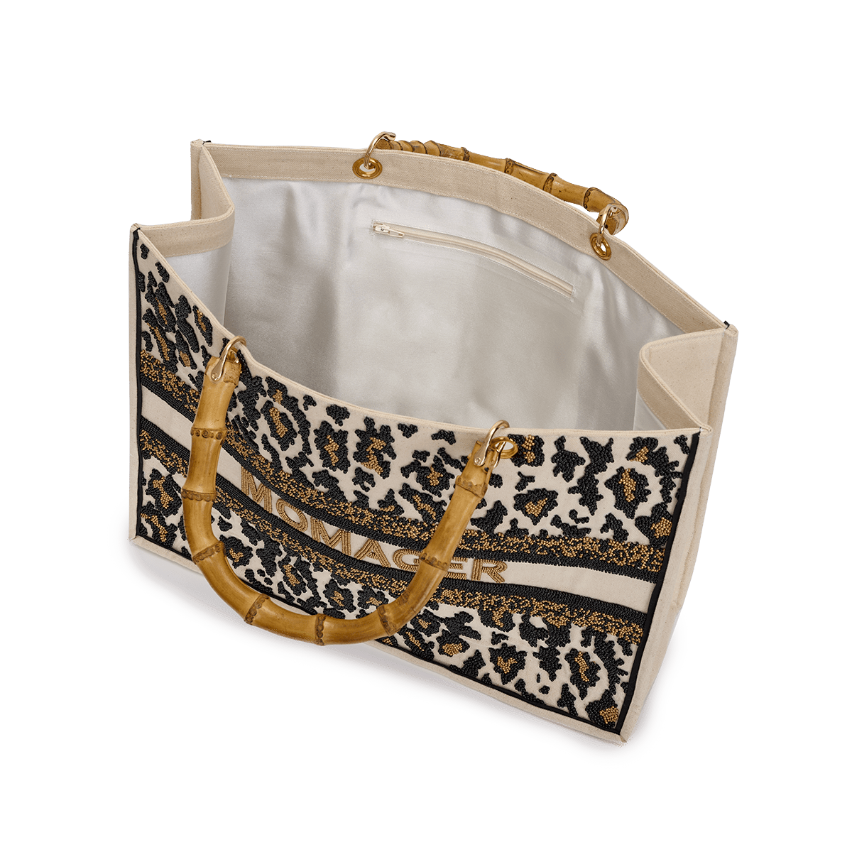 Beaded tote bag with bamboo handle and leopard pattern