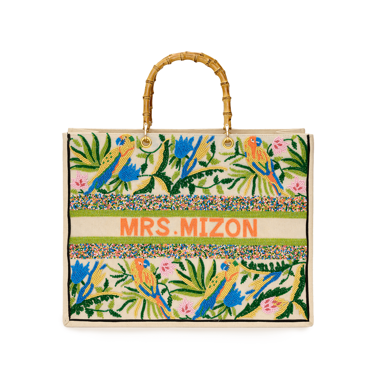 The Juliana Beaded Tote – Lovebirds Bamboo Handle Tote Bag