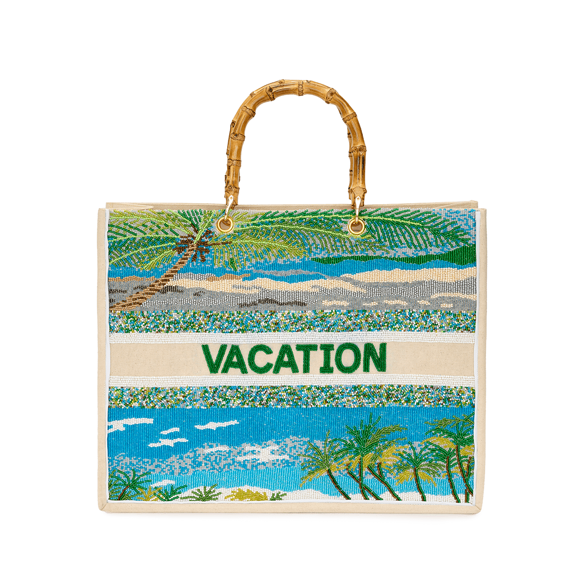 Beaded tote bag with bamboo handles in sandy tone