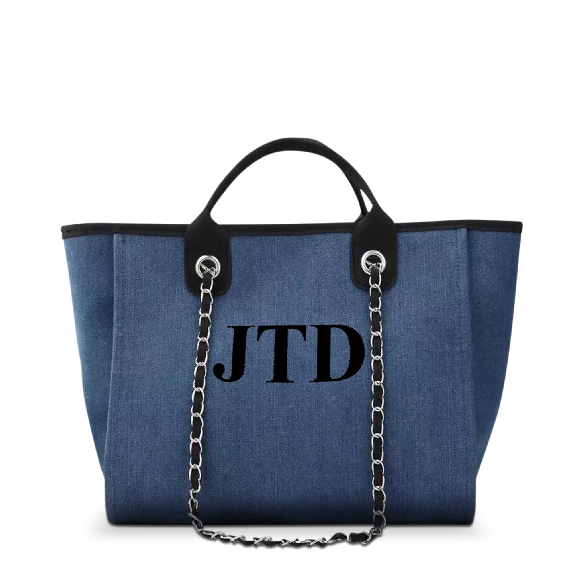 The Lily Canvas Tote in Denim with Large Black Initials