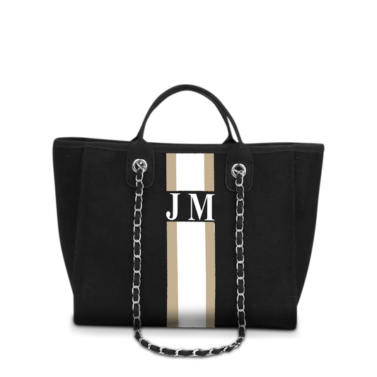 The Lily Canvas Tote Jet Black with Taupe and White Stripes Medium