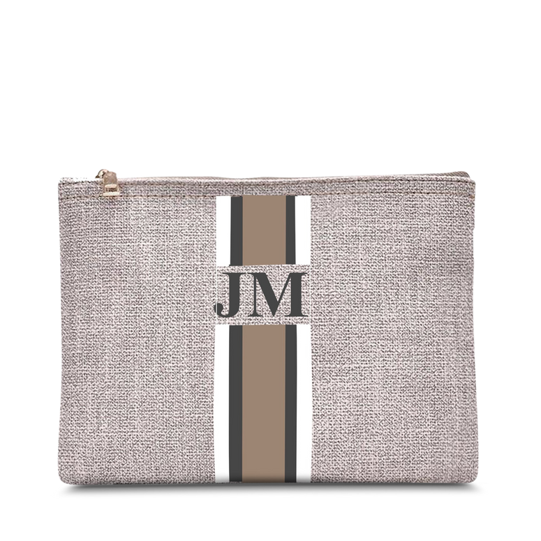 The Lily and Bean Makeup Bag Soft fawn with White, Grey and Beige Stripe