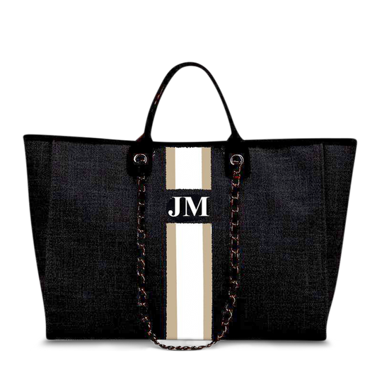 The Lily Canvas Jumbo Tote Jet Black with Taupe and White Stripes