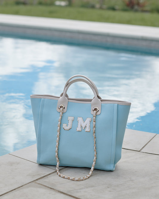 Lily & Bean Canvas Chain Tote Bag Sky Blue With Chenille Letters