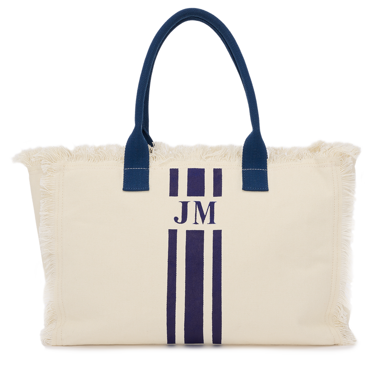 Lily & Bean Canvas Cream Tote Fringe with Double Navy Stripe