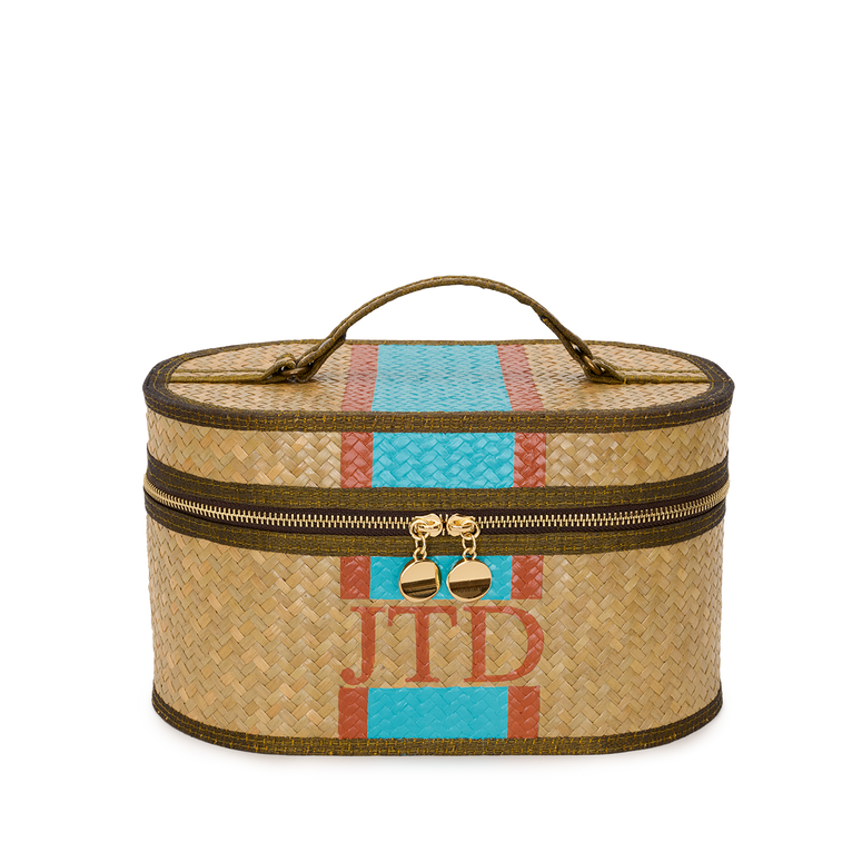 Cosmetic Straw Vanity Case Turquoise and Tan with Initials