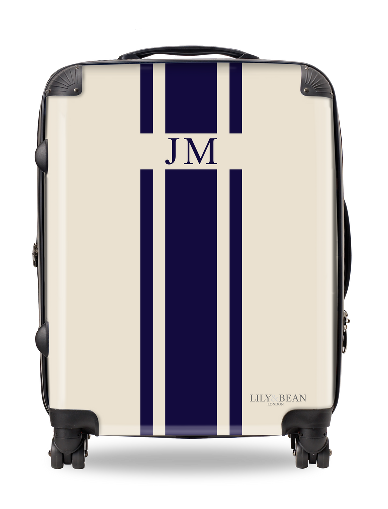Lily & Bean personalised Cream luggage with navy stripe