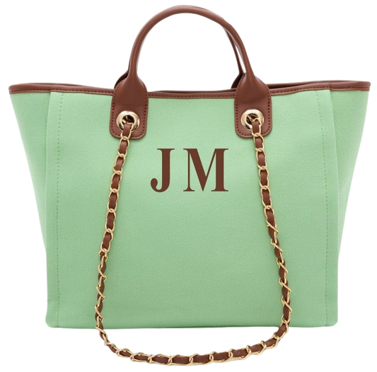 Lily & Bean Canvas Tote Bag Summer Green with brown handles Medium brown initials