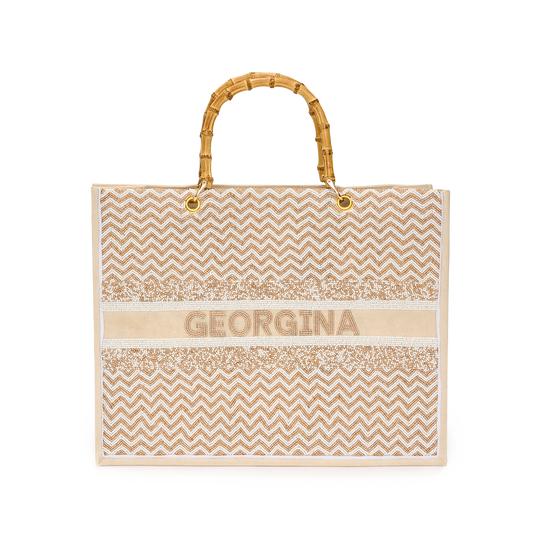 The Juliana Neutral Ziggy Tote with Bamboo Handles