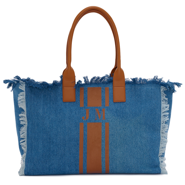 Lily & Bean Canvas Denim Fringe Tote with Double Tan Stripe