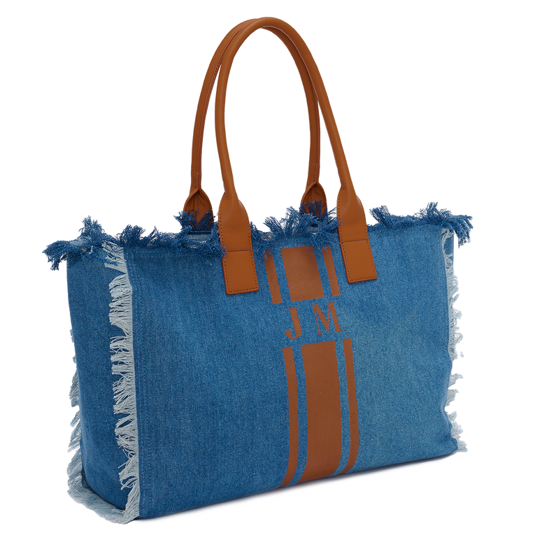 Lily & Bean Canvas Denim Fringe Tote with Double Tan Stripe