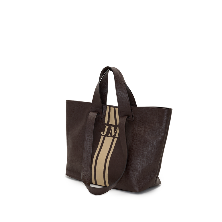 Chocolate Brown Leather Double Handled Tote with Camel Stripe