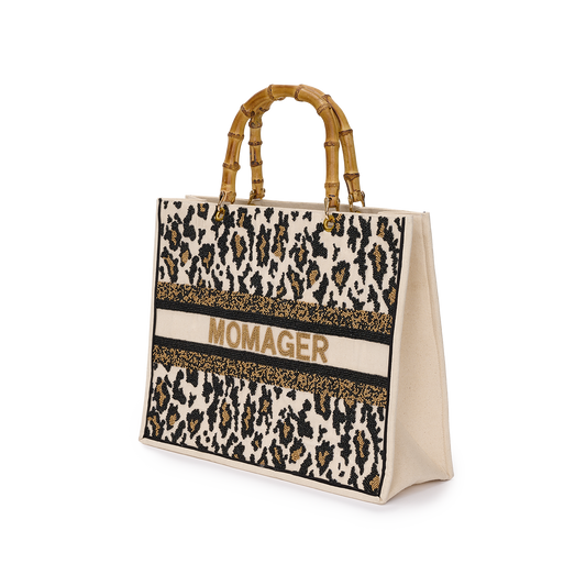 The Juliana Beaded  Leopard Tote with Bamboo Handed