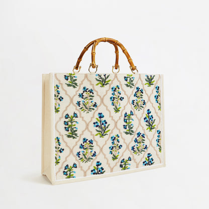 The Beaded Tote - Blue Flower Handbag