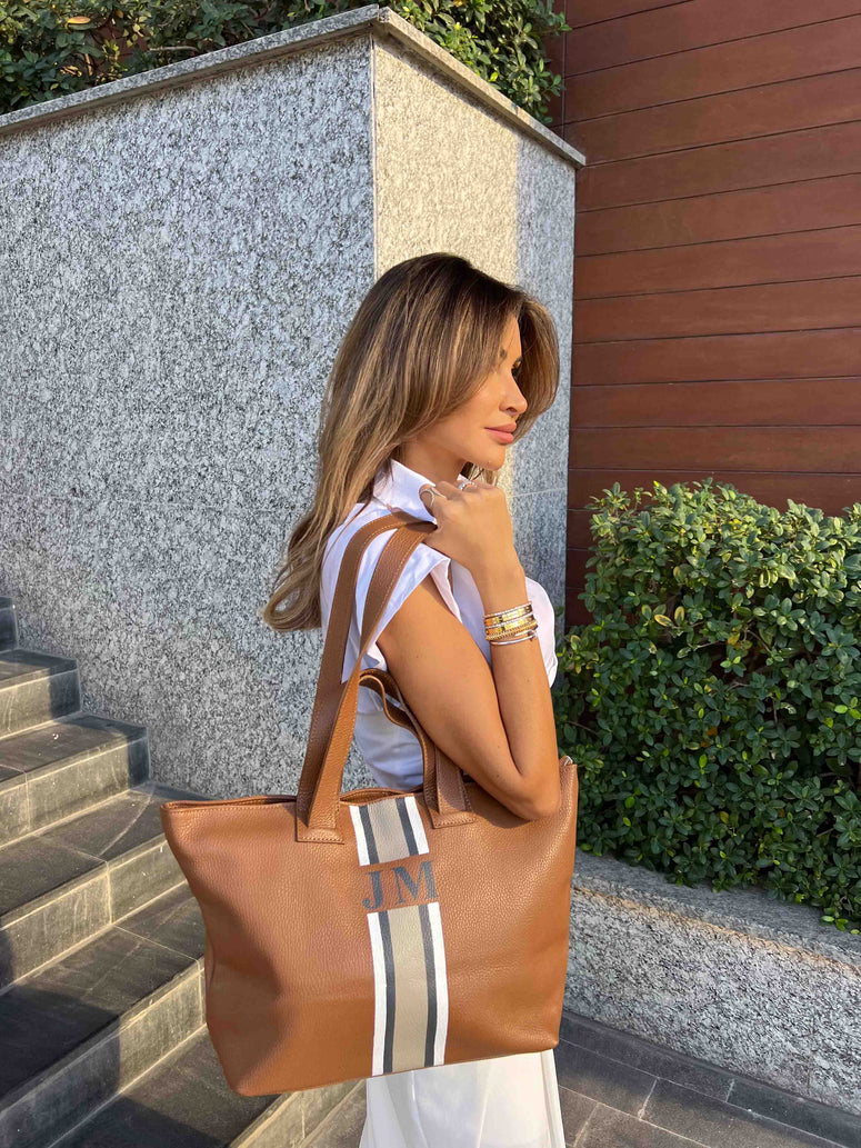 Tan Leather Double Handled Tote with Classic stripes