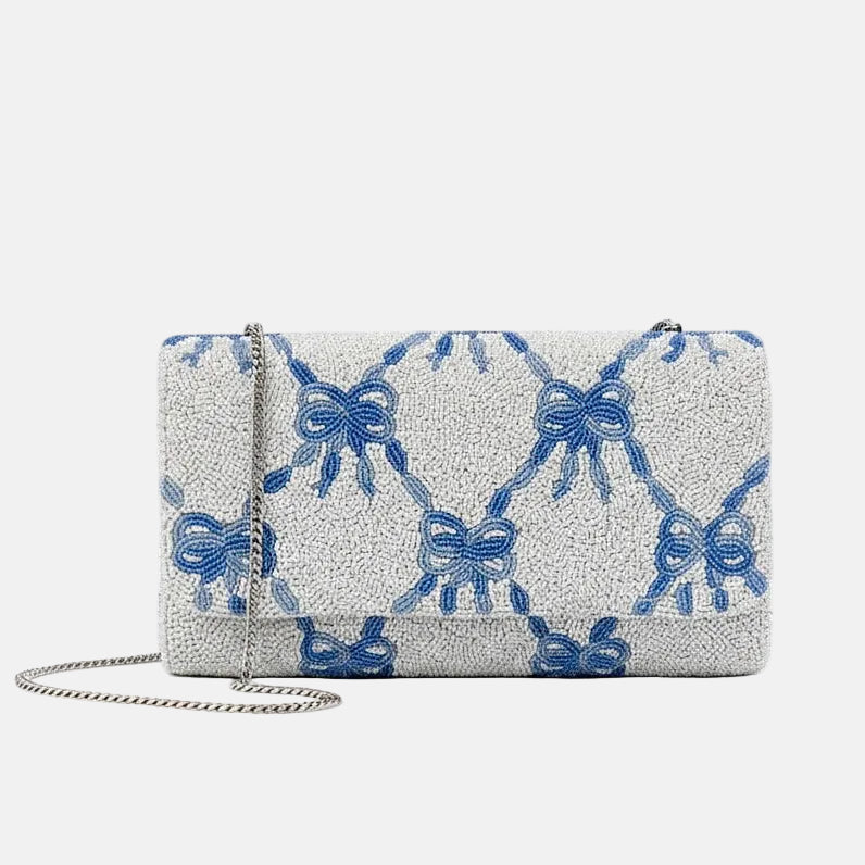 The Beaded Bow Clutch with Note - Blue