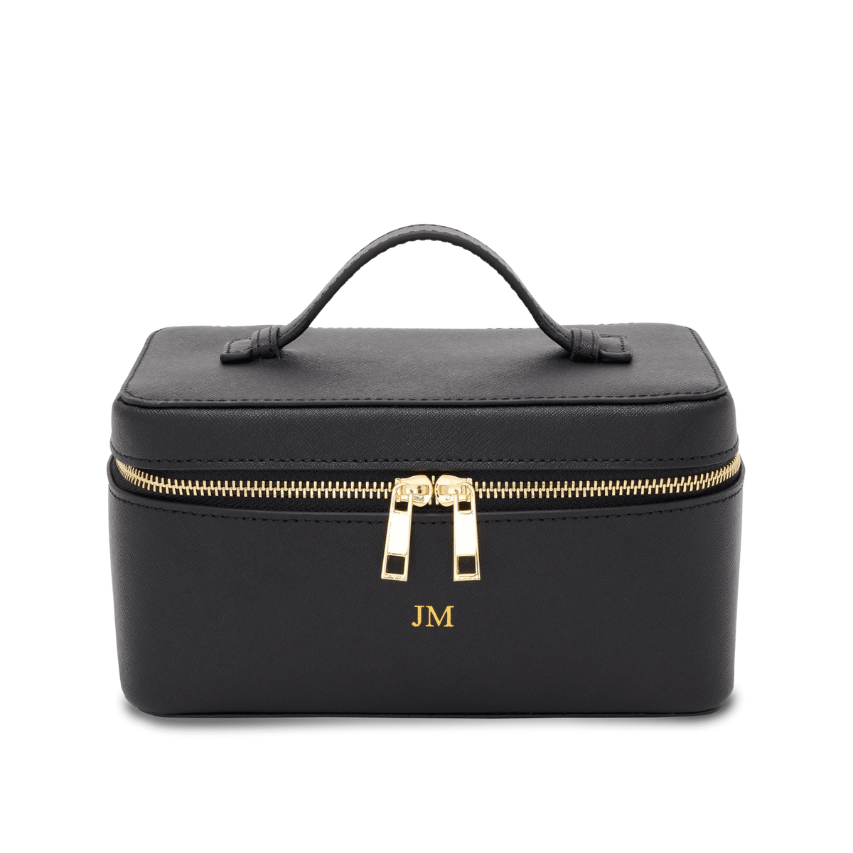Black Lily & Bean leather travel vanity case with gold hardware