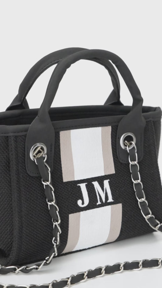 The Mini Me Lily Canvas Tote Jet Black with Taupe and White Stripes
