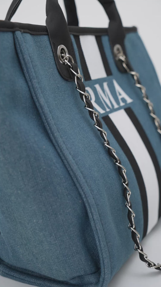 The Lily Canvas Tote in Denim with Black and White Stripes