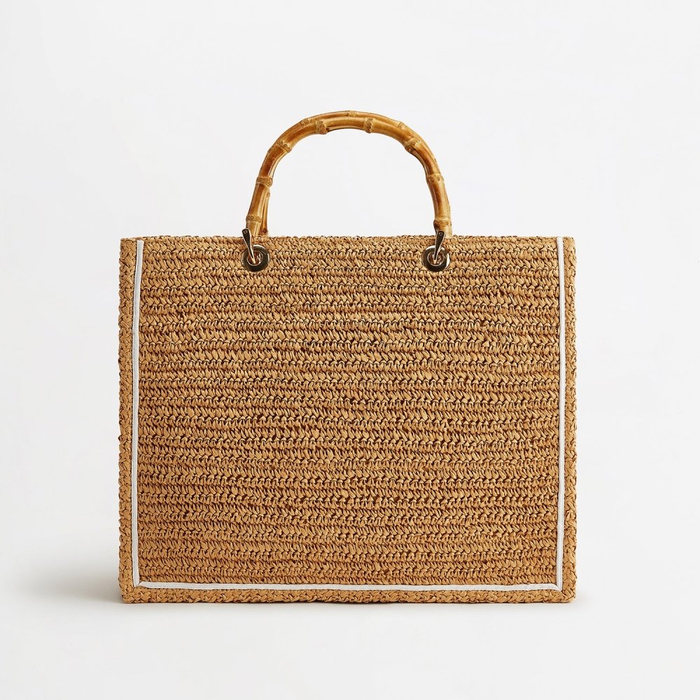 Raffia Tote Beach Bag - Natural with Bamboo Handles _