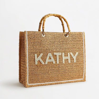Raffia Tote Beach Bag - Natural with Bamboo Handles _