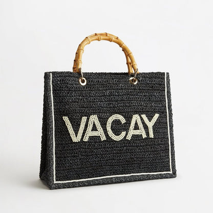 Raffia Tote Beach Bag- Navy Personalised _