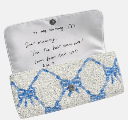 The Beaded Bow Clutch with Note - Blue Personalised_