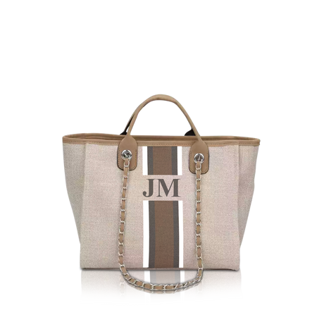 Personalised Monogram Tote Bag Canvas Customised Beige Brown White Chain  Handbag Personalized Stripe Initials