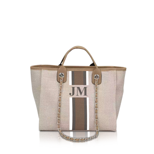 The Lily Medium Canvas Tote Bag Soft Fawn White, Grey and Beige Stripe