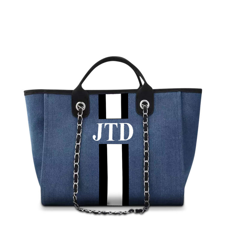 The Lily Canvas Tote in Denim with Black and White Stripes