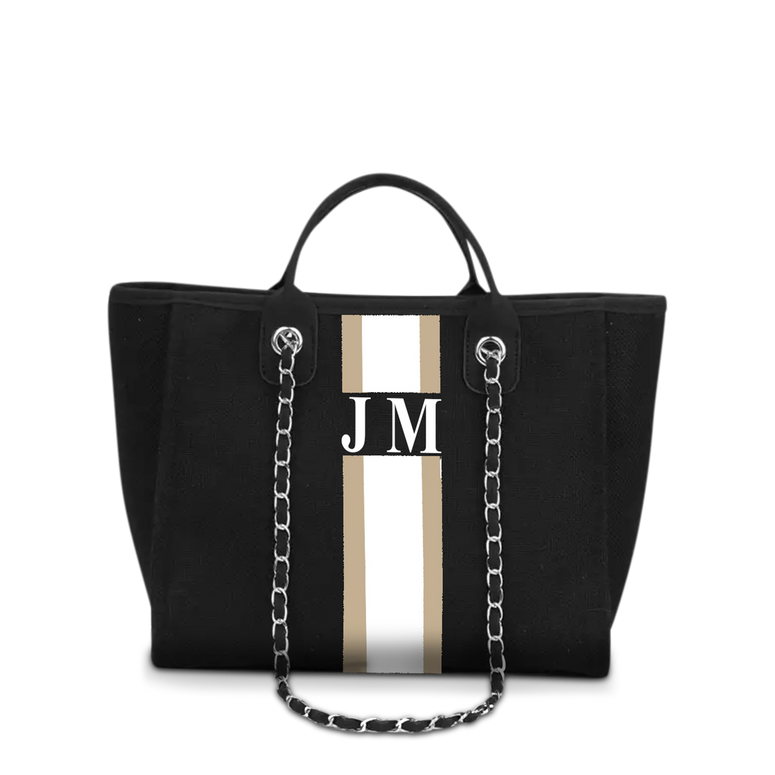 The Lily Canvas Tote Jet Black with Taupe and White Stripes Medium