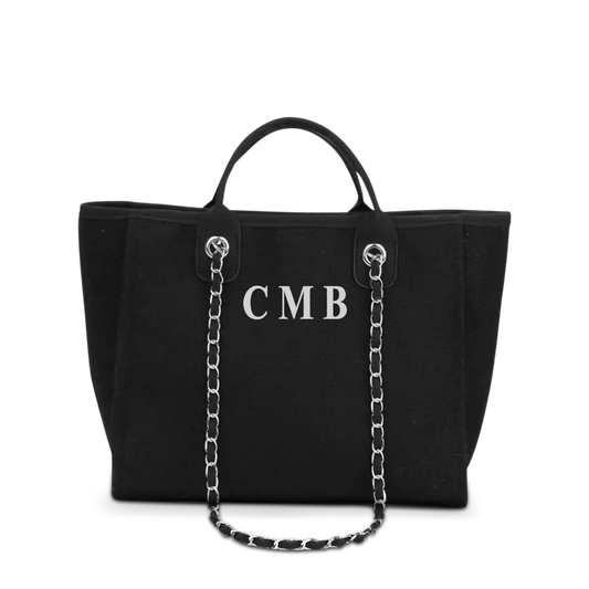 The Lily Canvas Tote in Jet Black Medium with White Initials