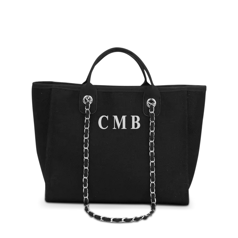 The Lily Canvas Tote in Jet Black Medium with White Initials
