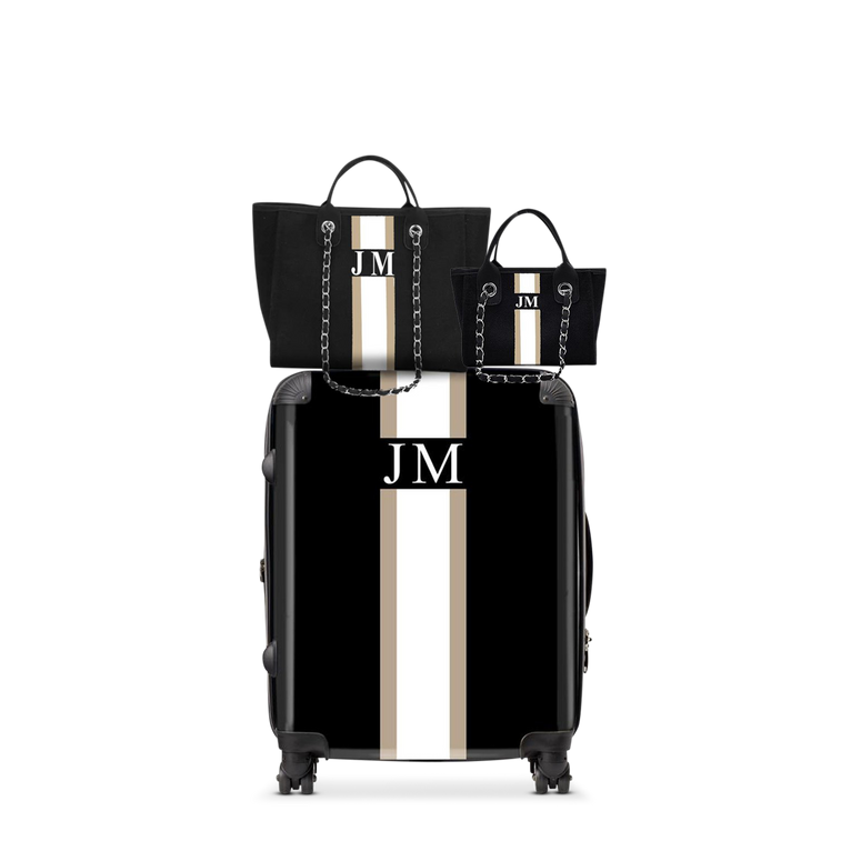 Lily & Bean Set of 3 Jet Black & White- Cabin Suitcase, Medium & Mini Tote
