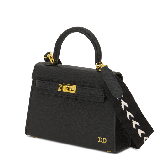 Lily & Bean Hettie Mini Bag - Black with Initials & Patterned Strap
