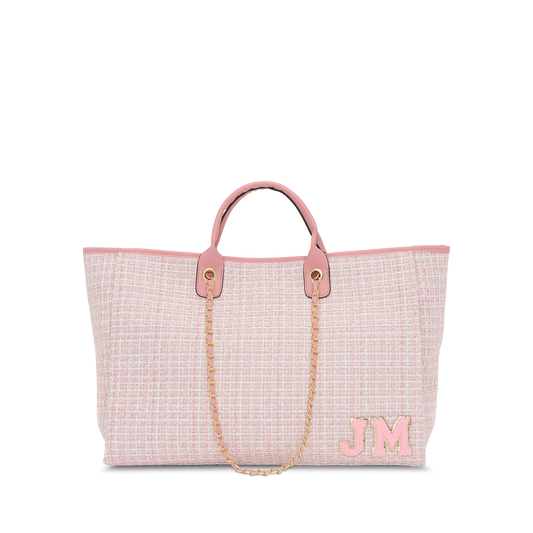 Lily & Bean Pastel Pink Tweed Jumbo Tote with Chenille Initials