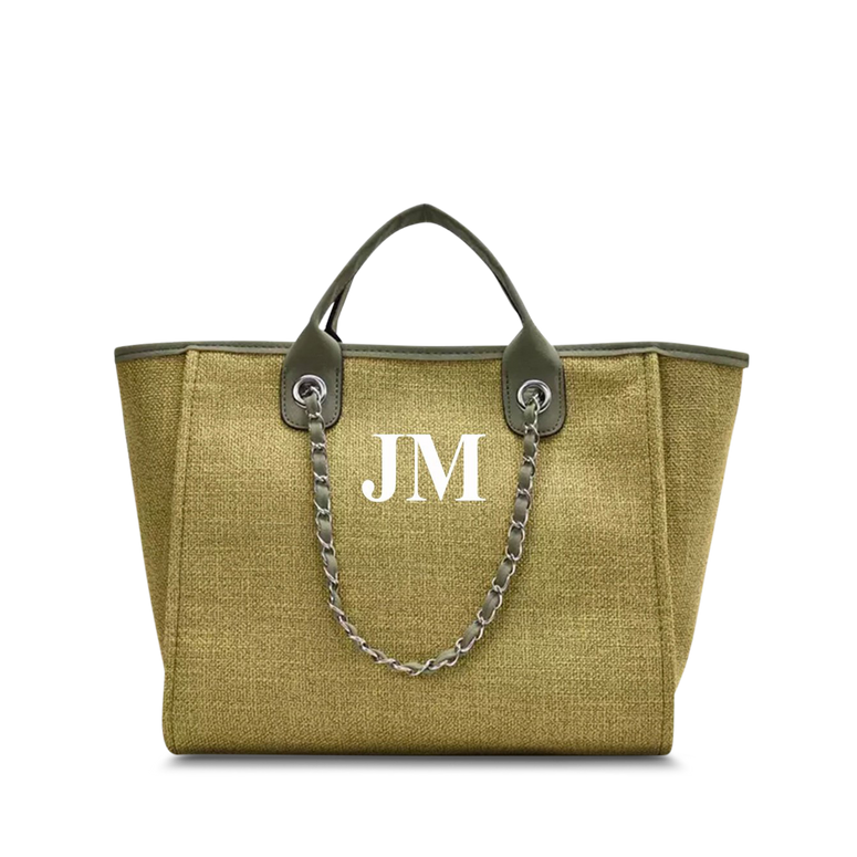 The Lily Canvas Tote Army Green Canvas Tote with white initials