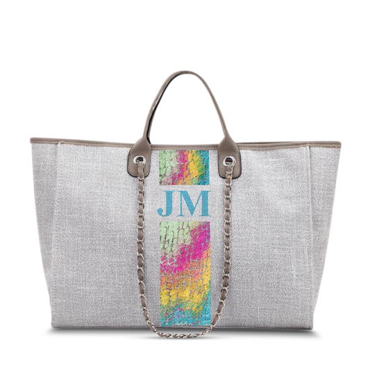The Lily Canvas Jumbo Weekend Tote Bag in French Grey with Rainbow Snake