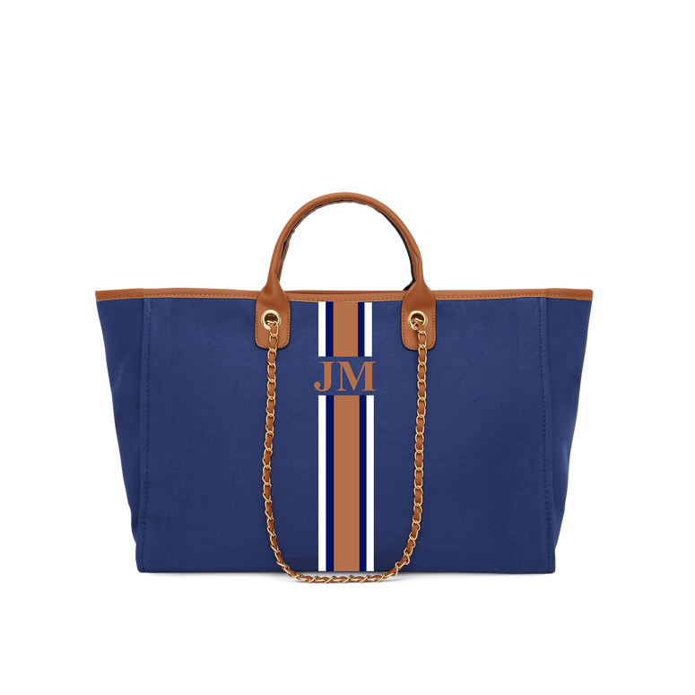 The Lily Canvas Tote Bag Midnight Navy with White & Dark Brown Stripes