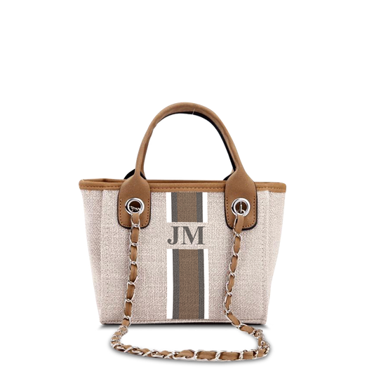 The Lily Canvas Tote Bag Soft Fawn White, Grey and Beige Stripe Mini Me