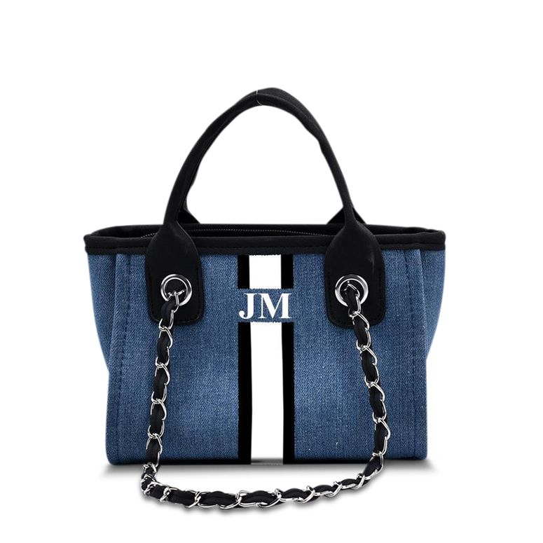 The Mini Me Lily Canvas Tote in Denim with Black and White Stripes
