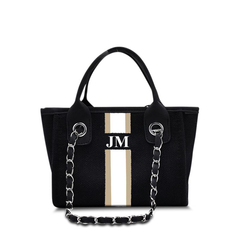 The Mini Me Lily Canvas Tote Jet Black with Taupe and White Stripes