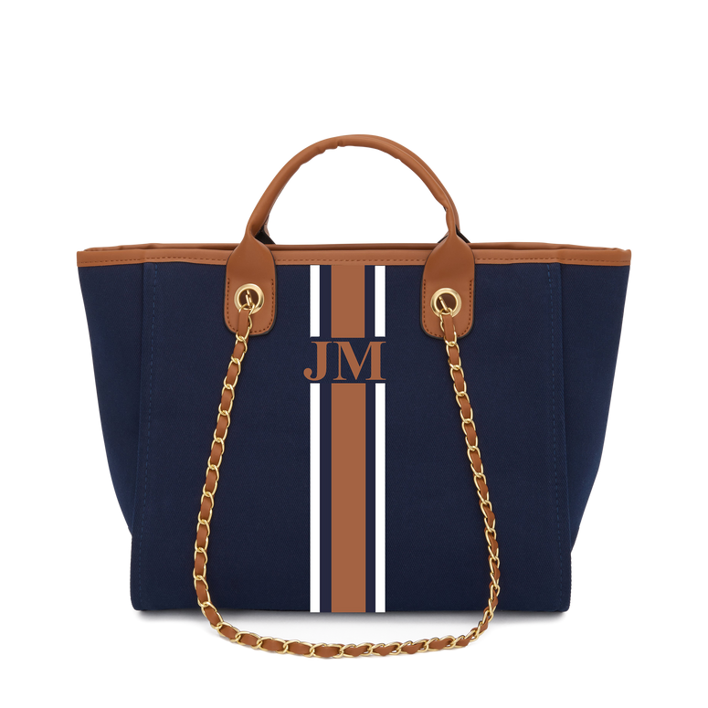 The Lily Canvas Tote Bag Midnight Navy with White & Dark Brown Stripes