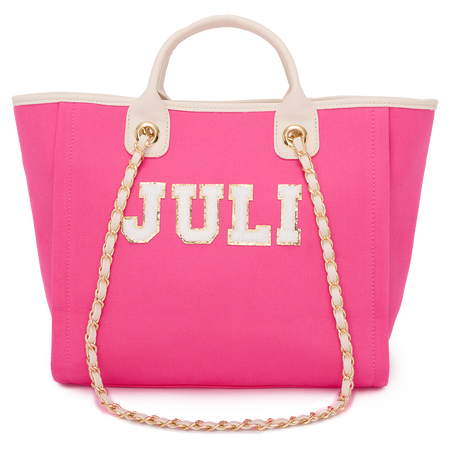 Lily & Bean Canvas Chain Tote Bag Hot Pink Medium With Chenille Letter